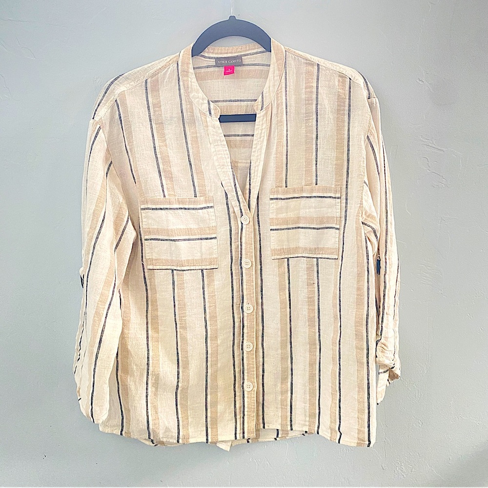 Vince Camuto Ladies Small Tan/Blue Striped White Button Up Shirt